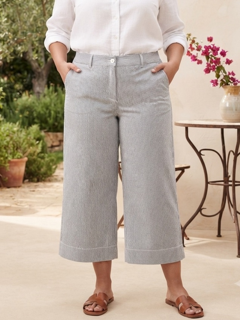 Take 50% OFF-Talbots Light Blue Pinstripe Wide Leg Crop Pants, Size-12